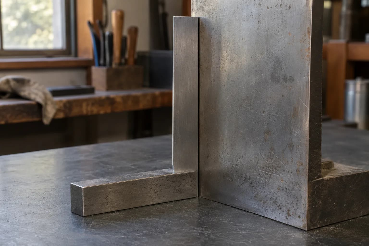 Plain steel machinist square on a dark bench with its blade pressed flat against a tall vertical steel plate