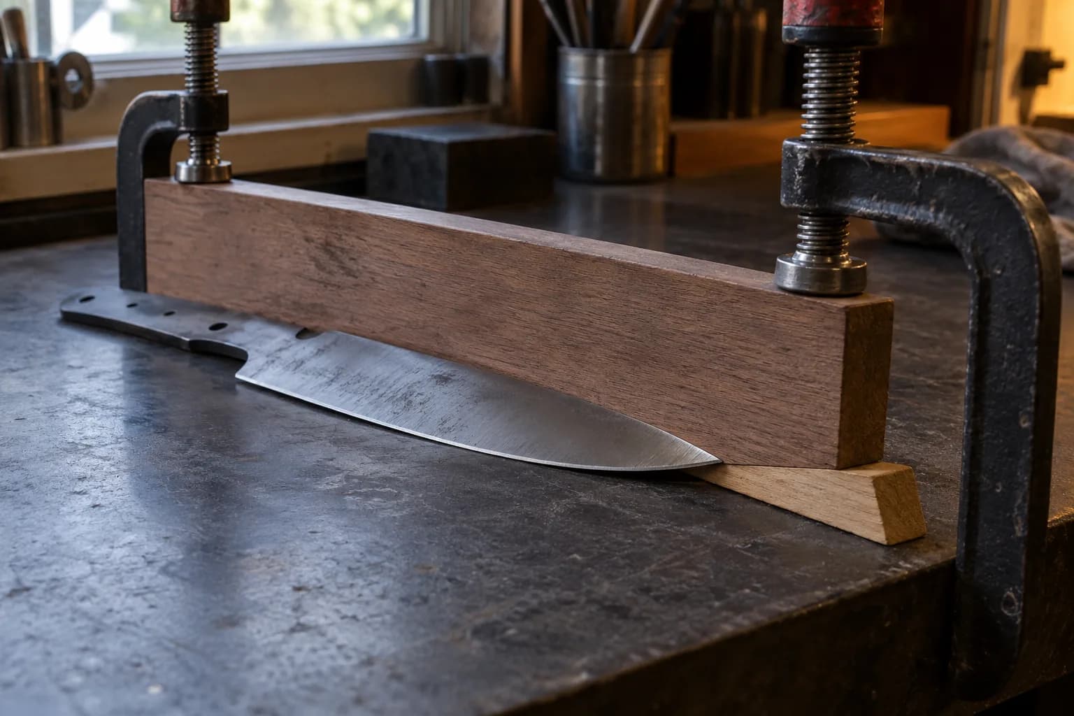 Wooden fence clamped to a dark steel bench, tilted on an oak wedge shim, with a bare knife blade blank lying against it.