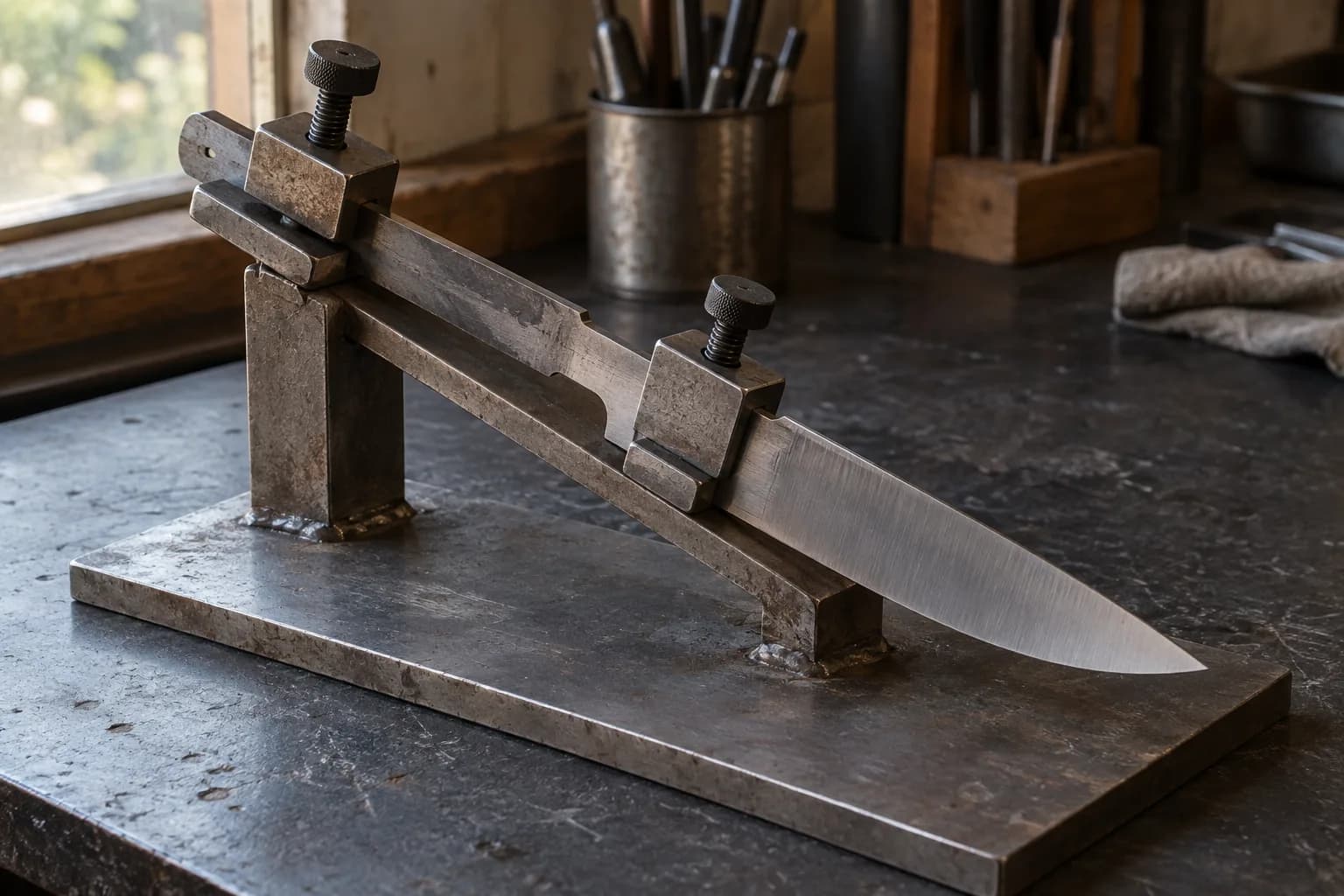 Knife blank clamped by two thumbscrew blocks to an angled bar on a welded steel jig, base plate flat on a charcoal bench.