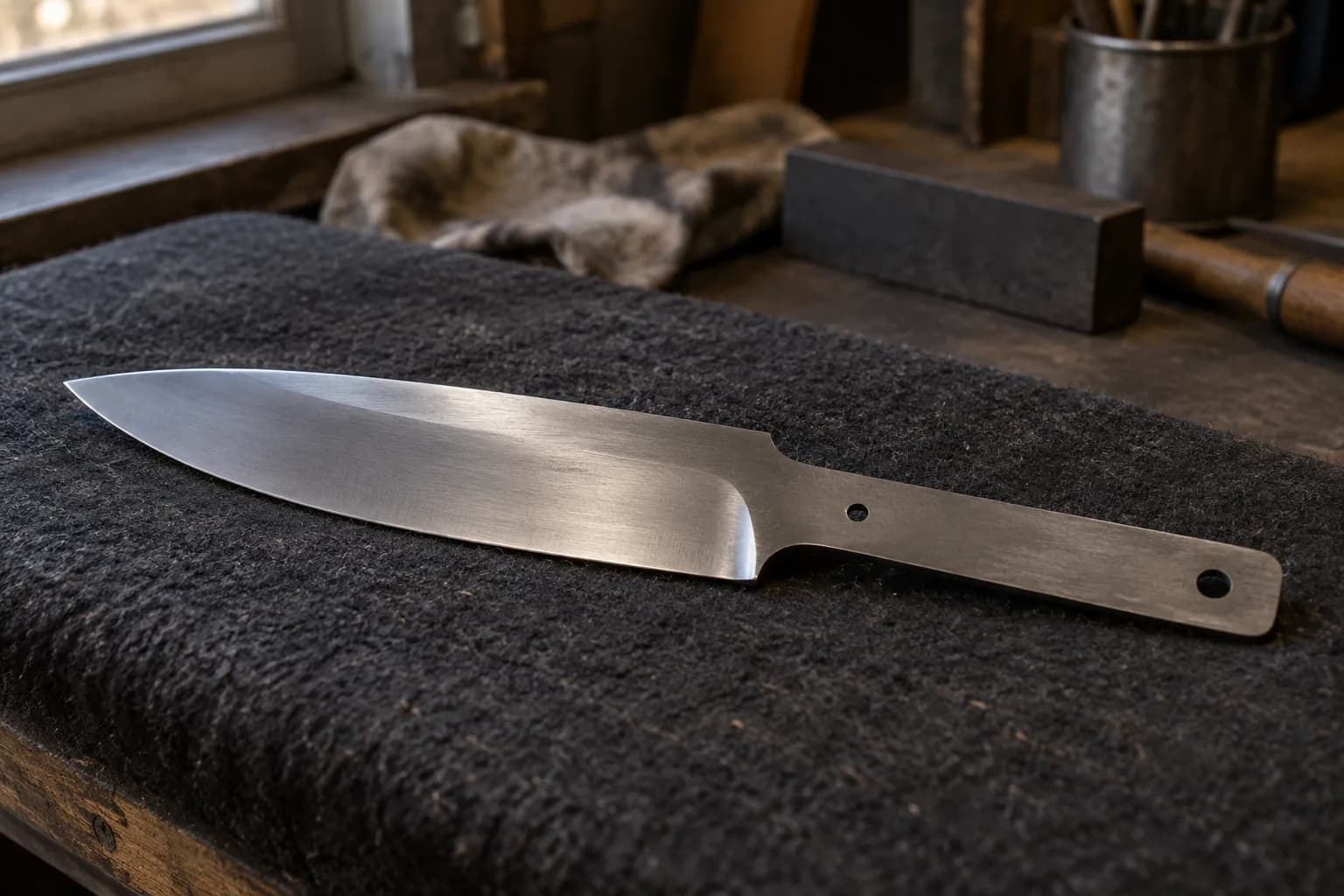Polished knife blank with a smoothly curved bevel and blended plunge lying on dark felt beside a window.