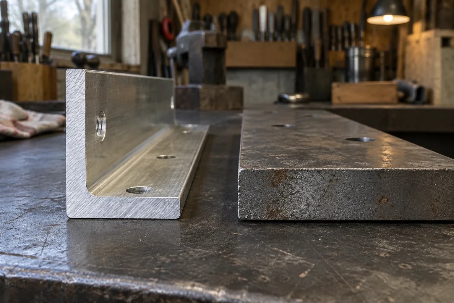 Machined aluminum angle beside a thick steel plate on a dark bench, both with plain drilled holes