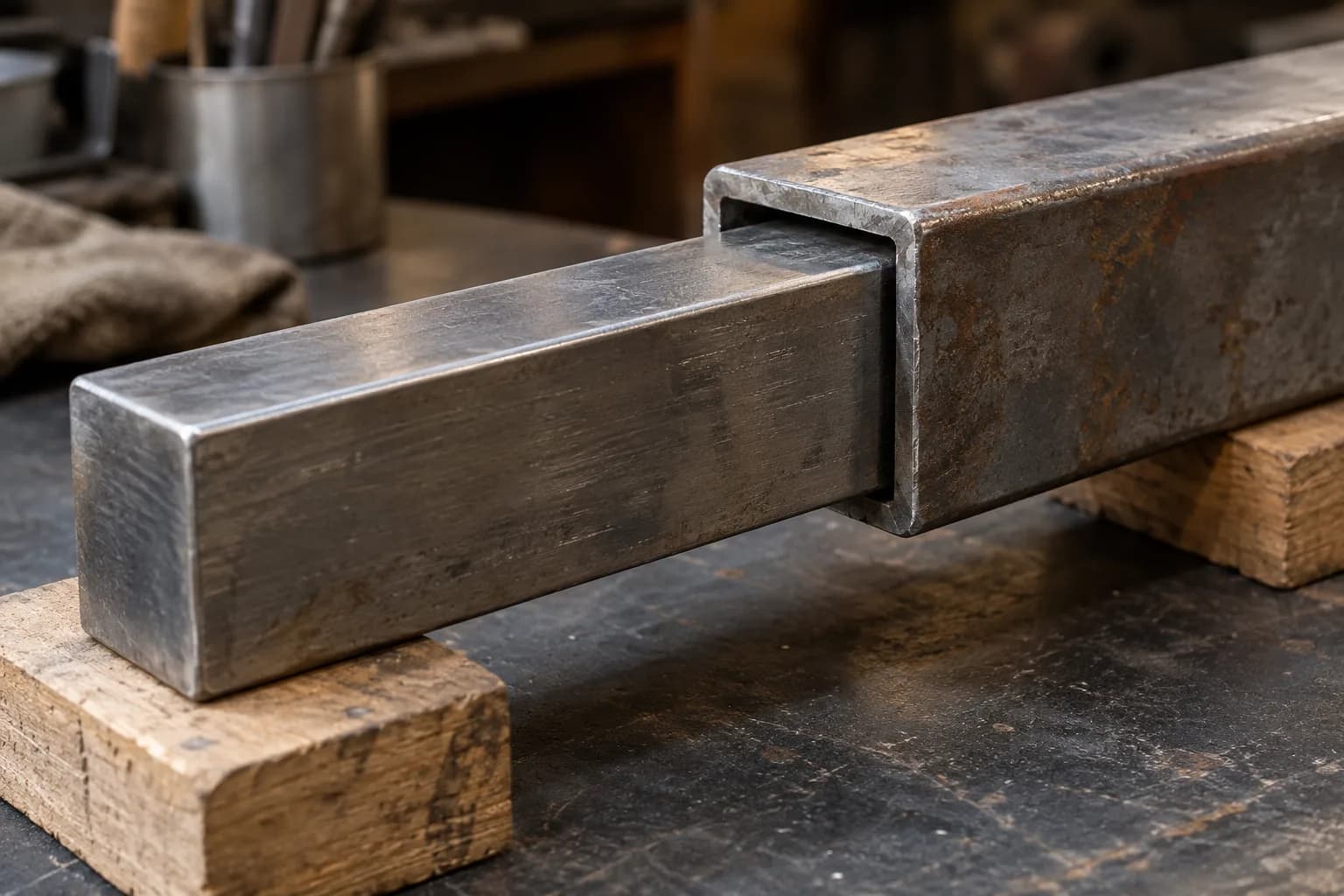 Square steel bar partly slid into a larger square steel tube, both resting on wooden spacers