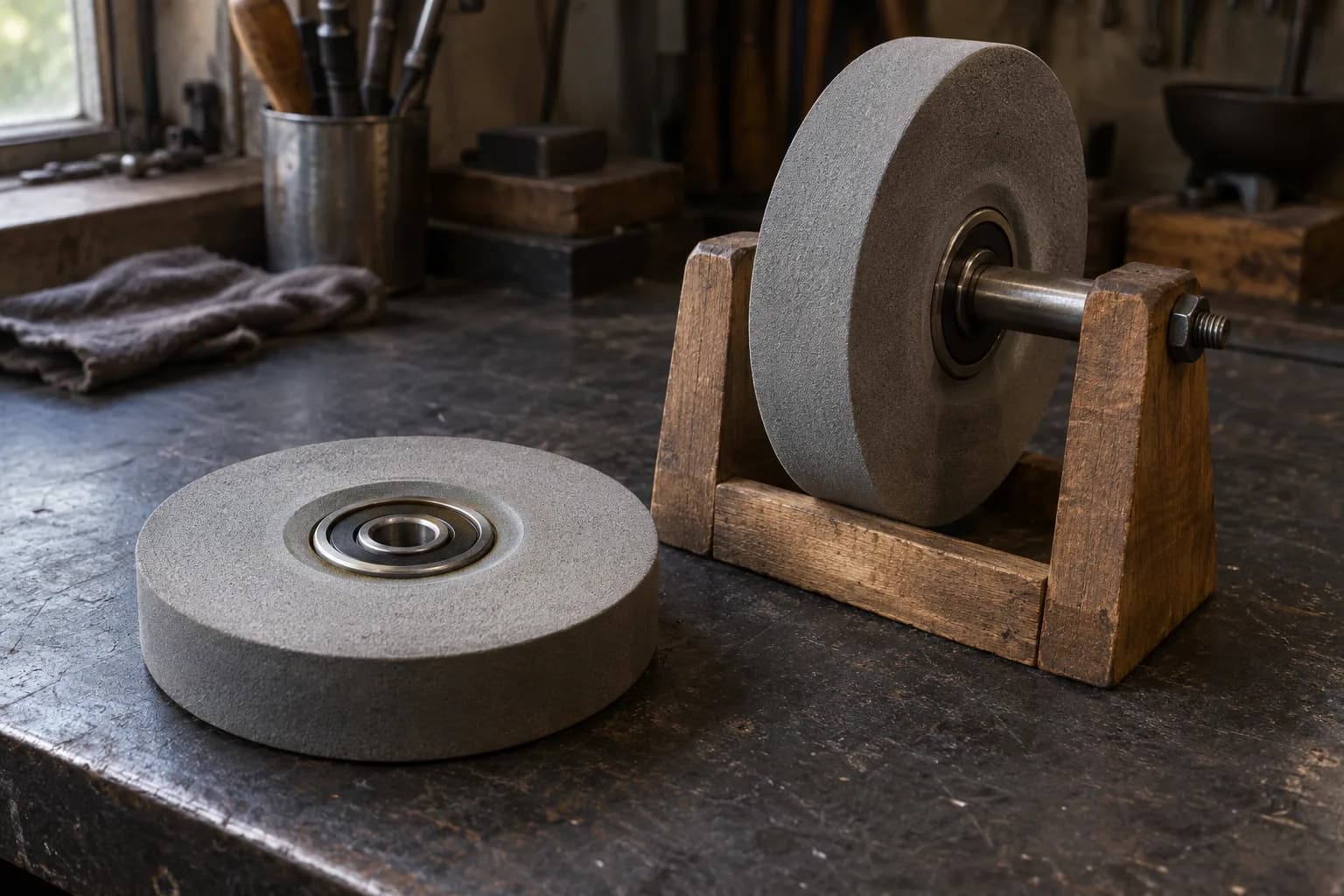 Two grey grinder wheels with bearings in their bores, one lying flat and one on an axle in a wooden cradle