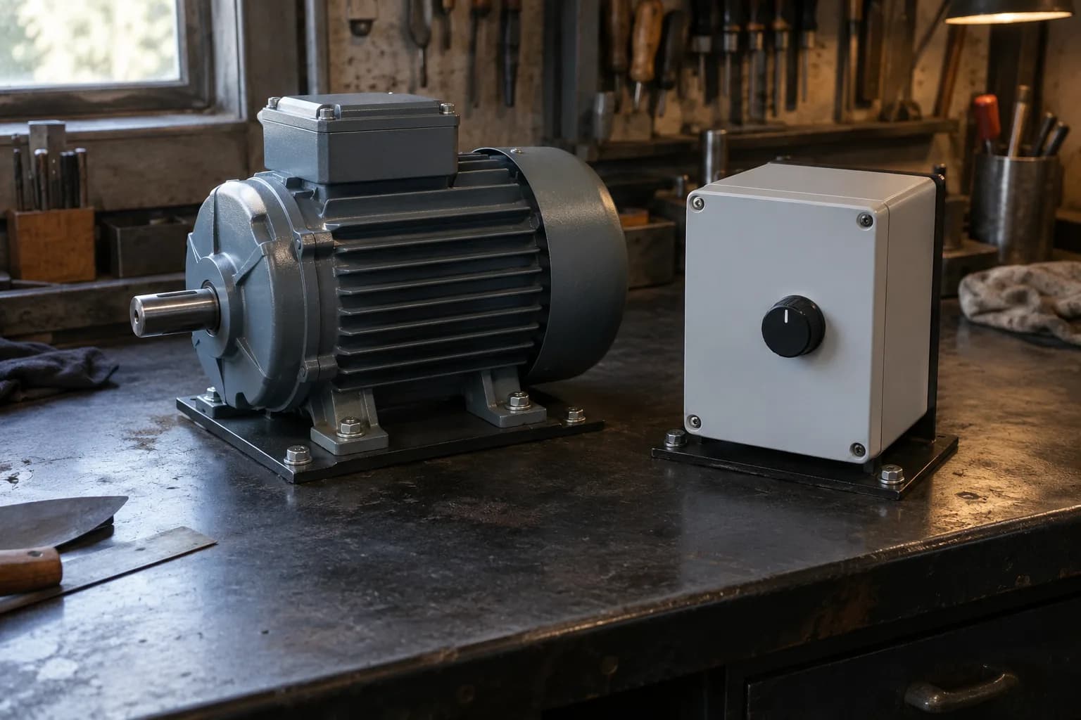 Finned electric motor bolted to a steel base beside a closed gray control box with a black knob