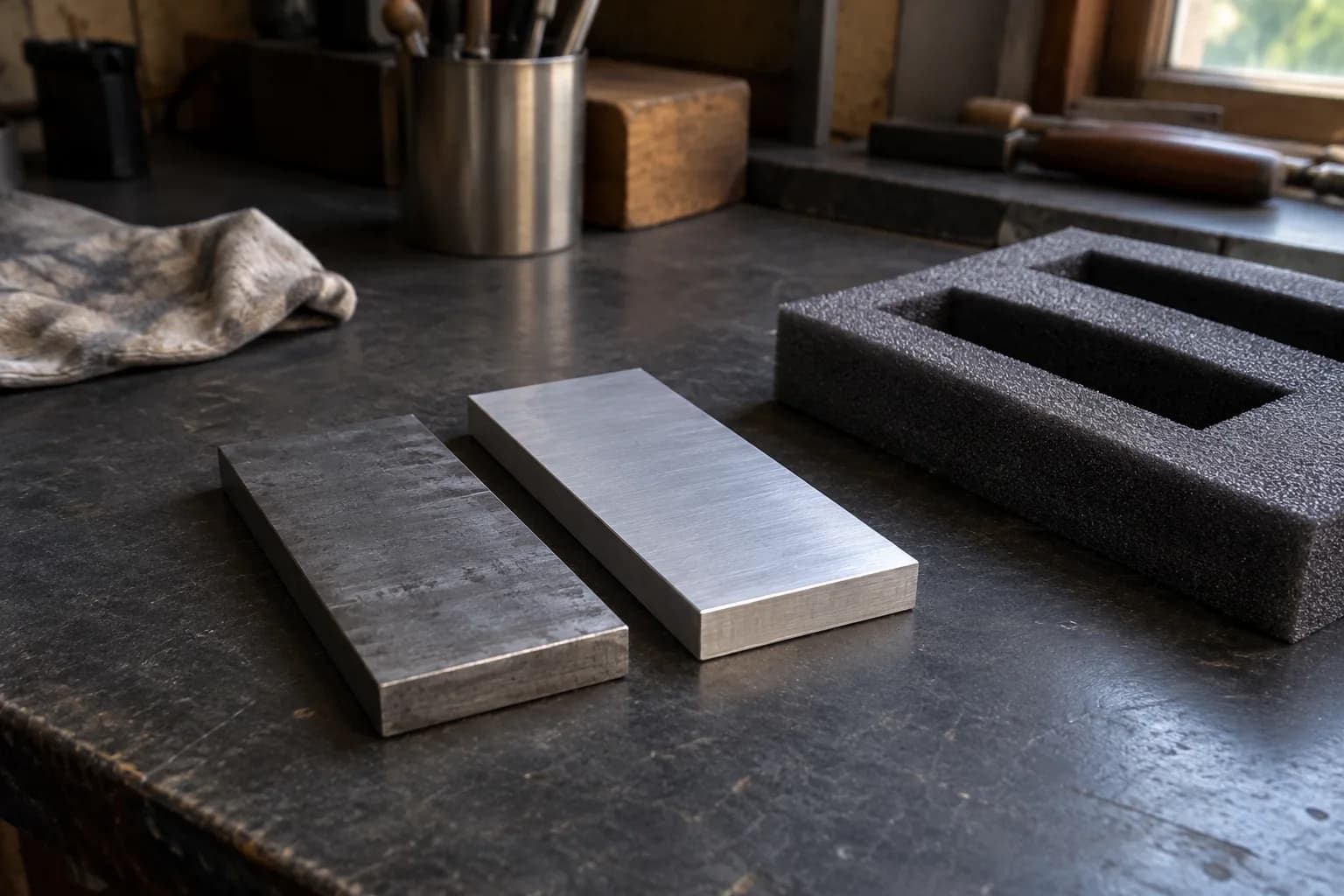 Steel and aluminum flat bars lying side by side on a dark workbench beside a block of fitted packing foam