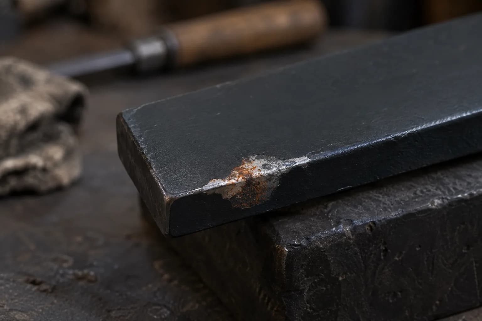 Black-painted steel bar with a small scuff at its edge exposing bare metal and light orange rust