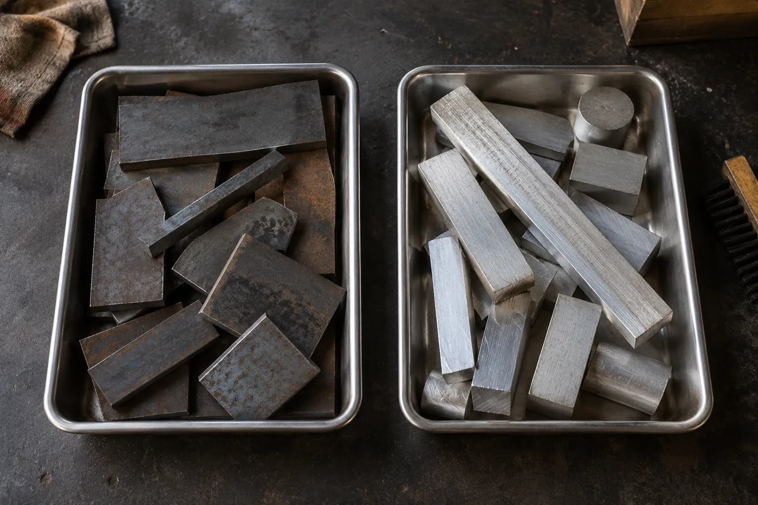 Overhead view of two metal trays, one filled with rusty steel plate offcuts and one with bright aluminum bar offcuts