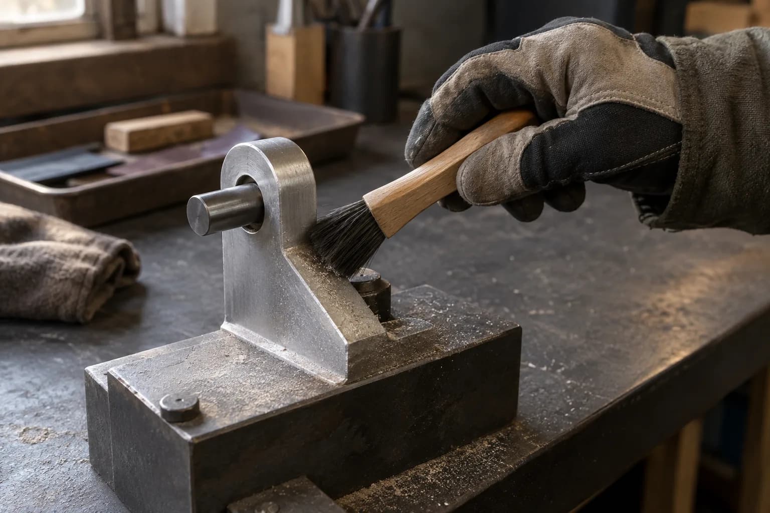 Gloved hand brushing shop dust from a plain aluminum pivot bracket with a steel pin, mounted on a steel bench block