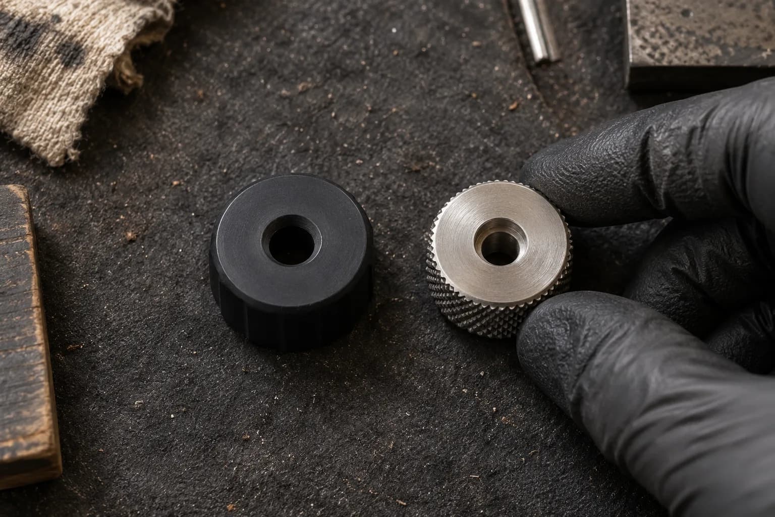 Smooth black polymer knob beside a knurled steel knob on a dark bench pad, a gloved finger and thumb pinching the steel rim.