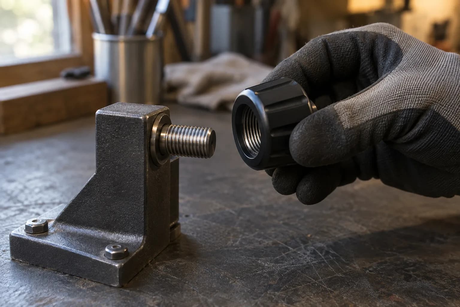 Gloved hand holds a black threaded knob in line with a threaded stud on a bolted cast bracket on a scratched steel bench.