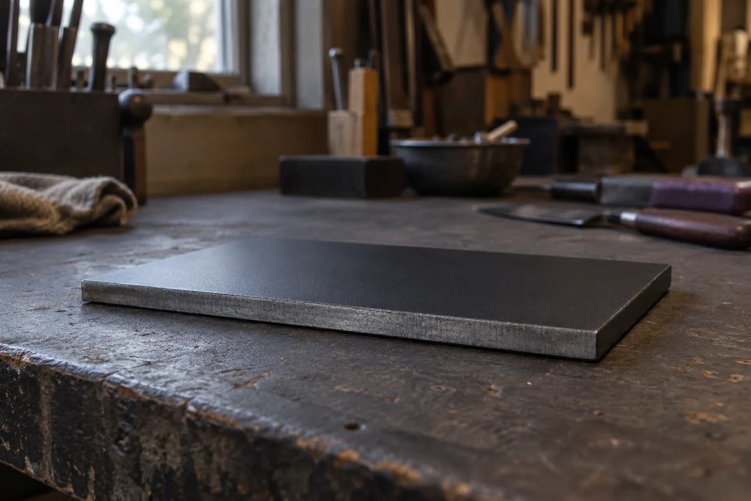 Thick black powder-coated steel plate lying flat on a worn workbench, its bare cut edge showing the thickness.