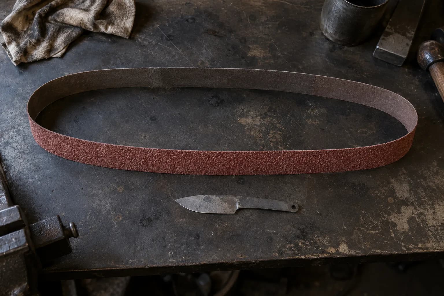 Coarse red-brown abrasive belt laid in a long oval on a dark bench beside a rough drop-point knife blank.