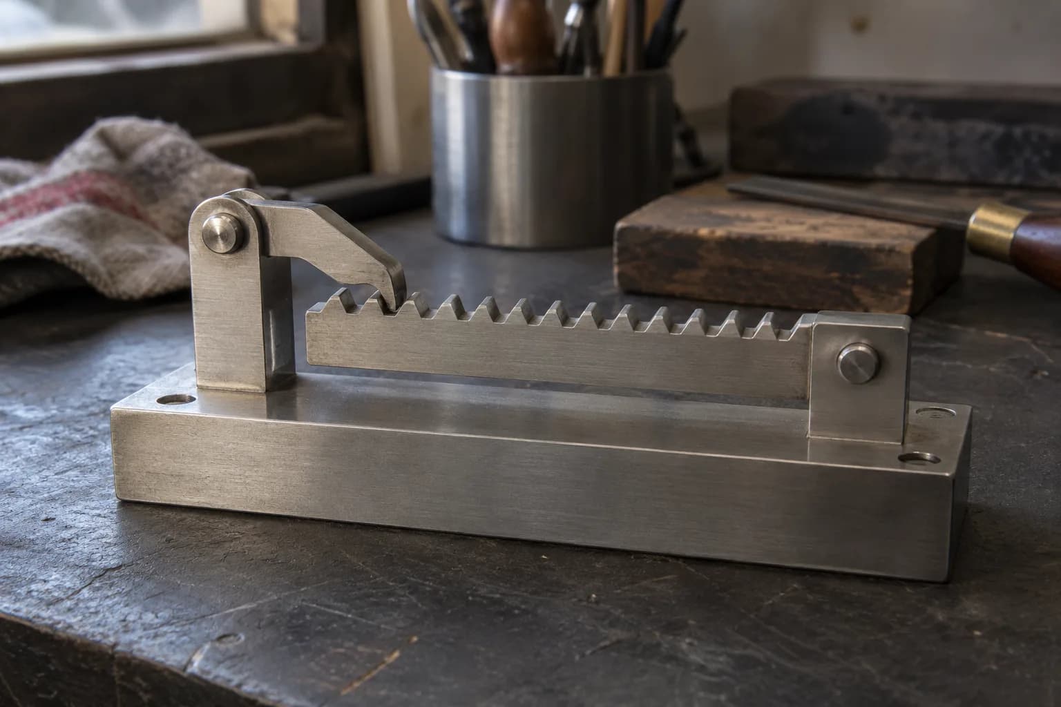 Brushed stainless toothed strip with a pivoting pawl seated against a tooth, bolted to a plain steel block on a bench.