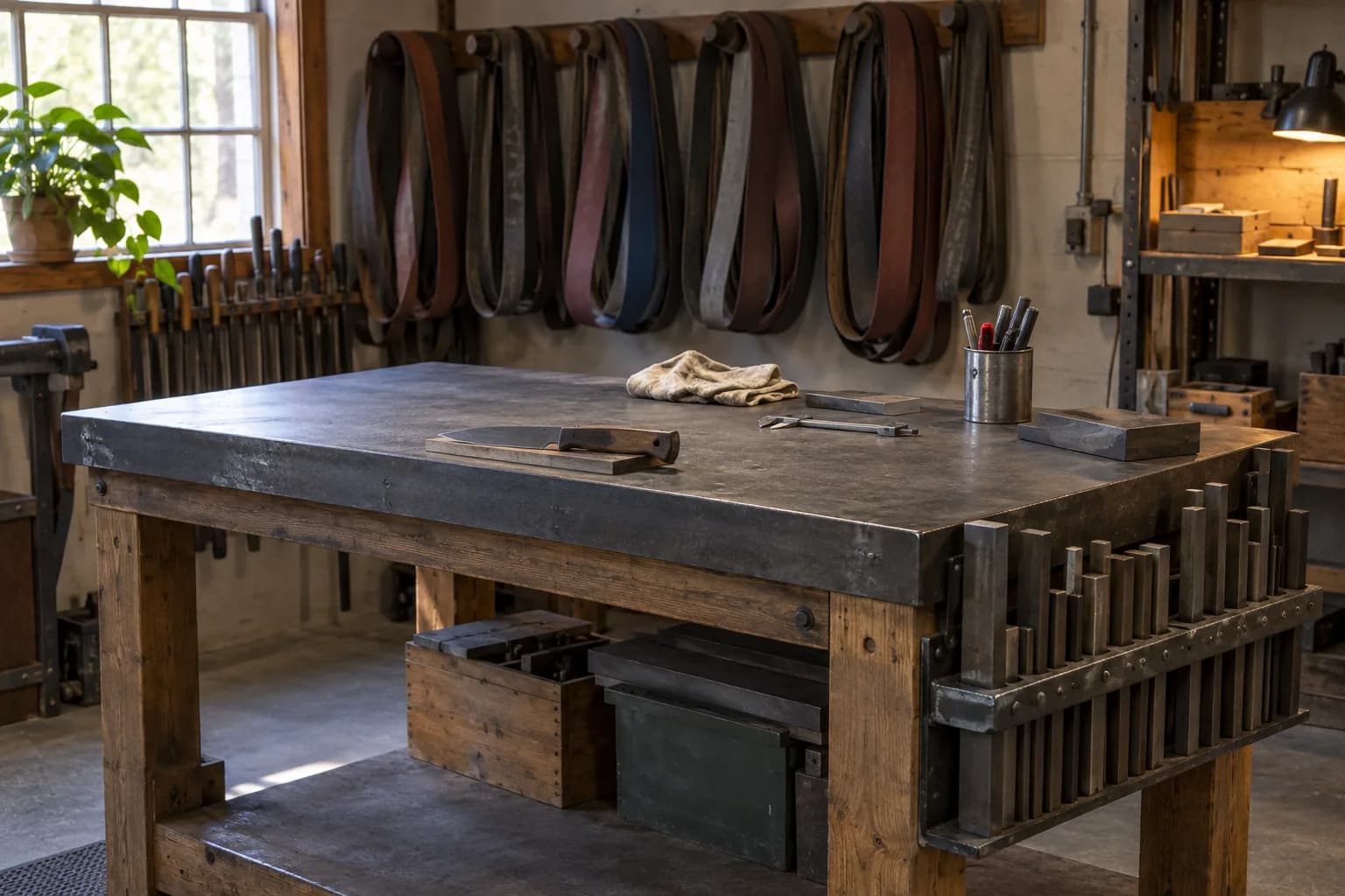 Sturdy timber workbench with a clear steel top, a bolted side rack of square bars and spare belts hung on wall pegs.