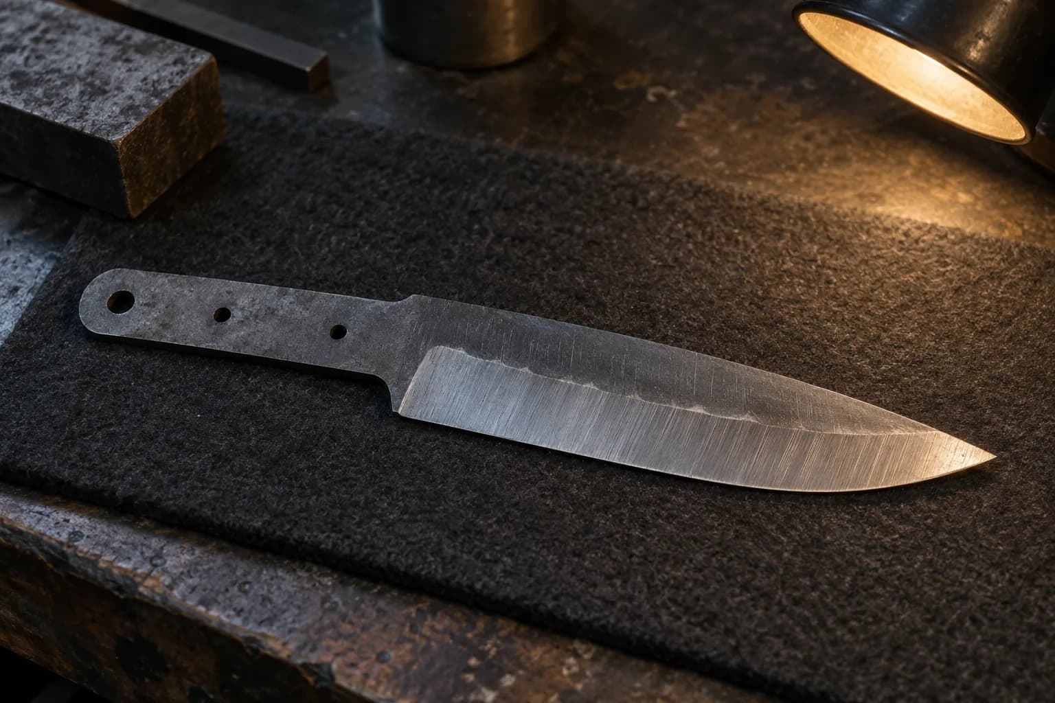 Plain knife blank with three tang holes lying on dark felt under a warm lamp, its bevel line wavering above scratch bands