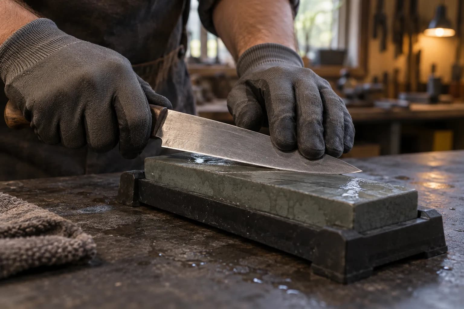 Gloved hands draw a knife diagonally across a wet sharpening stone seated in a black non-slip holder on a workbench