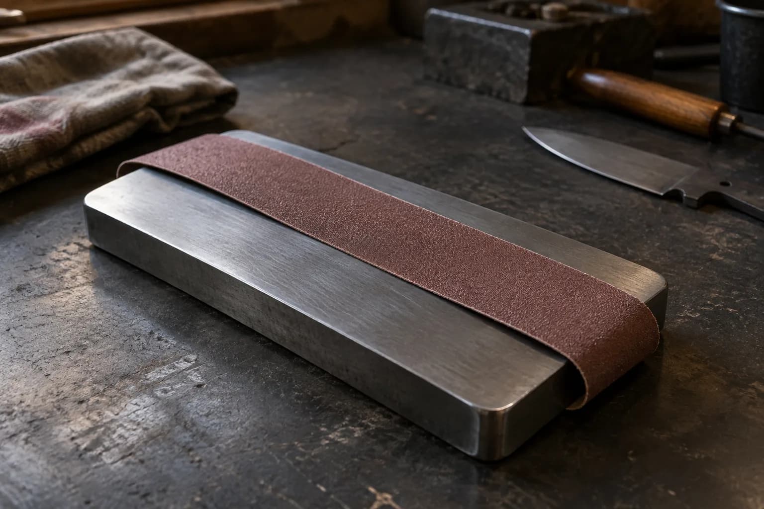 Strip of brown abrasive belt lying across a thick flat steel plate on a dark workbench