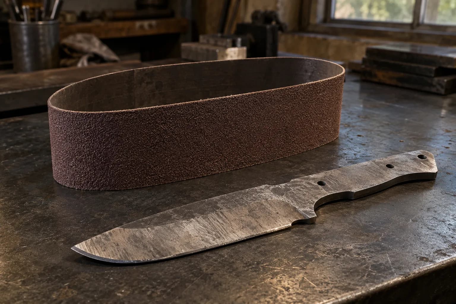 Coarse abrasive belt loop standing on a steel bench beside a rough, unfinished drop-point knife blank