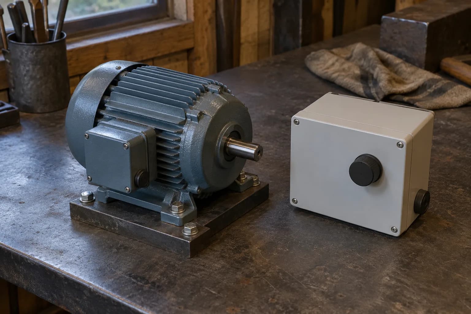 Gray electric motor bolted to a steel base plate beside a closed gray control box with one black knob