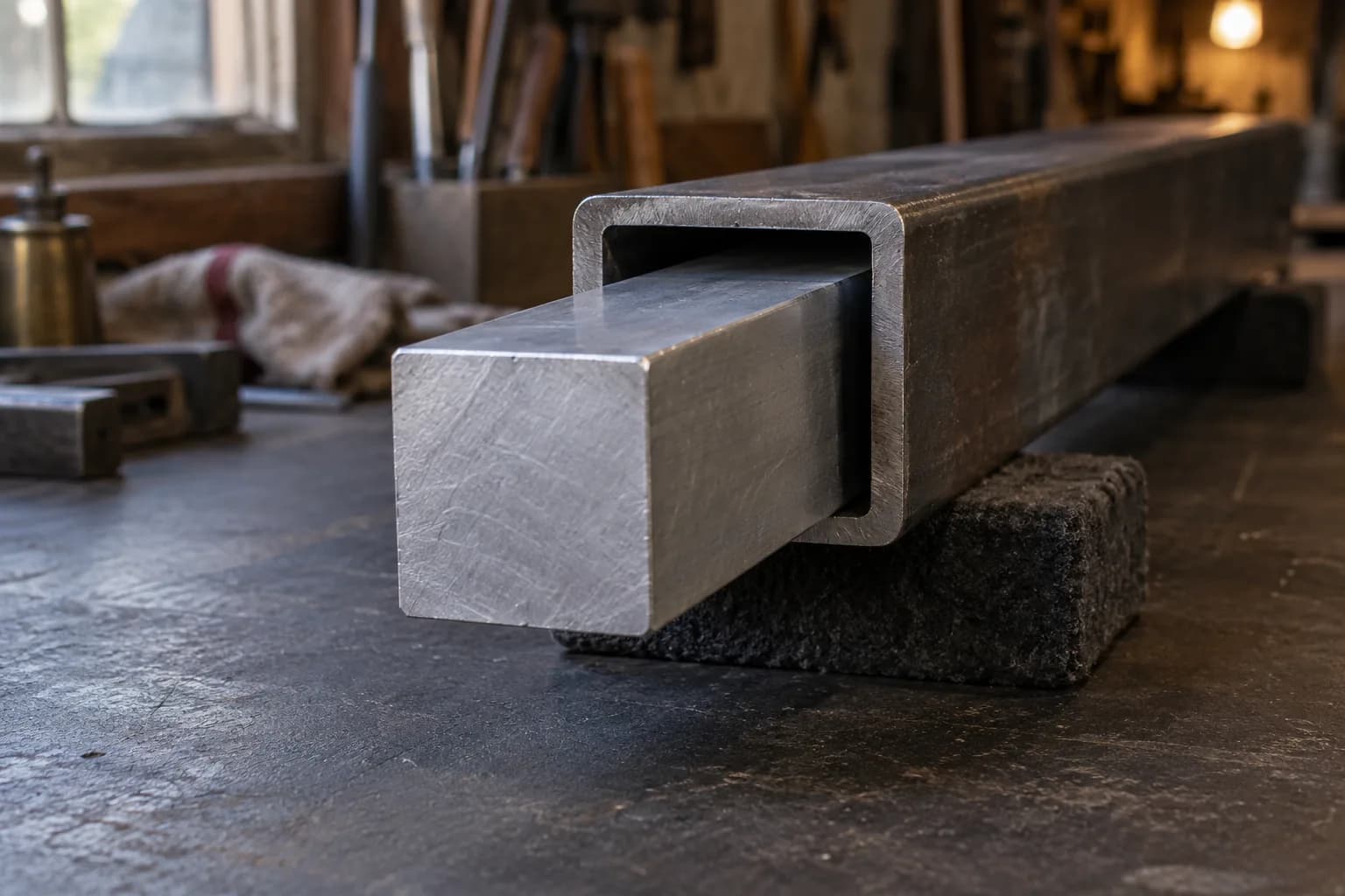 Square steel bar partly slid into a larger square tube resting on a padded block, seen end-on