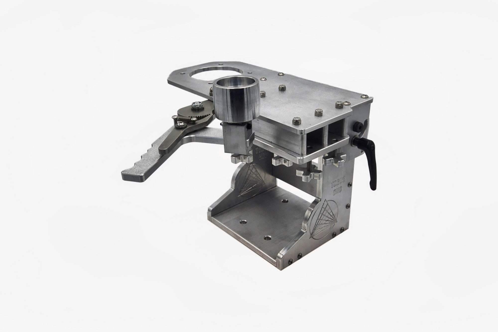Torus CNC aluminum grinder tool arm assembly with an engraved logo on the base and quick-release lever