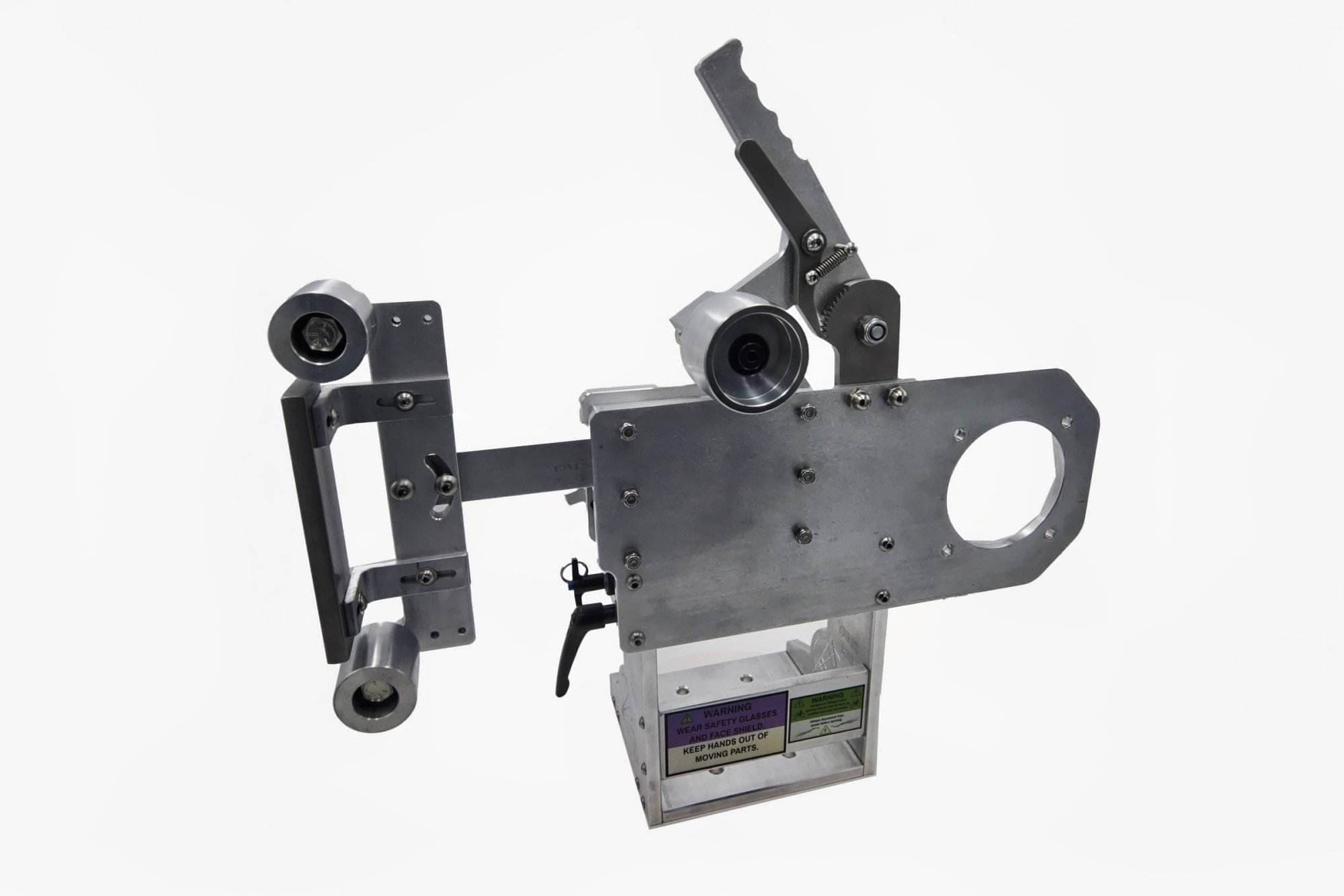 Top wheel cup and quick-release pin lever on a Torus CNC 2x72 grinder tooling arm mount