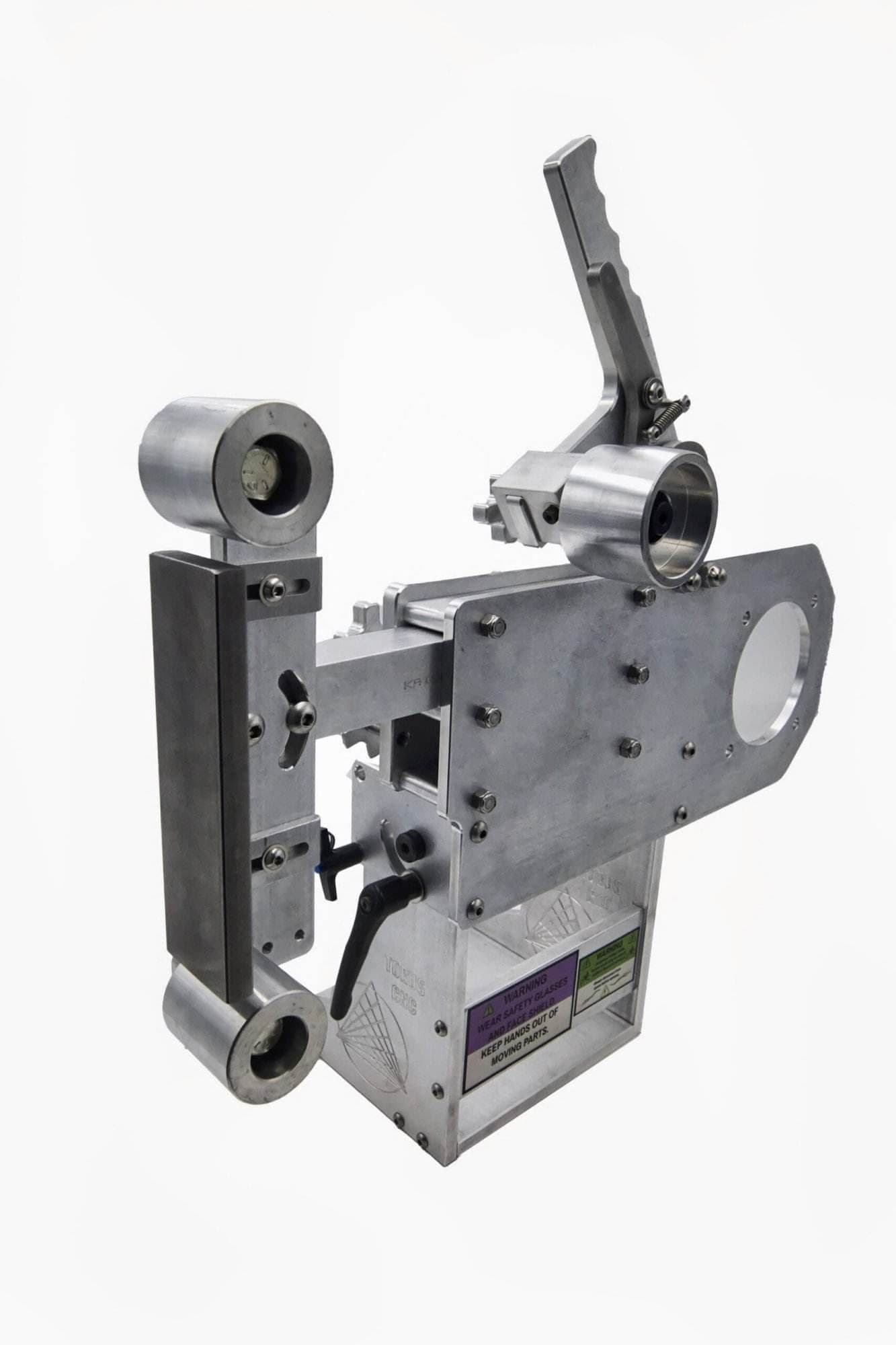 Tall vertical view of a Torus CNC tooling arm with tracking wheel, quick-release pin, and engraved base