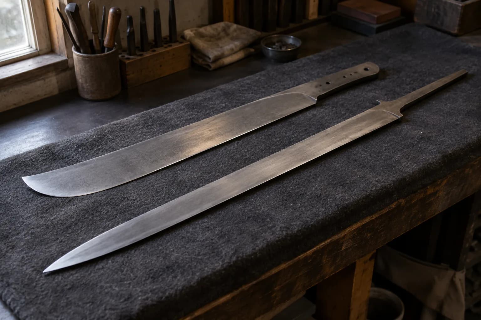 Machete blank and a long sword blank with tang lying flat on a padded charcoal workshop bench by a window