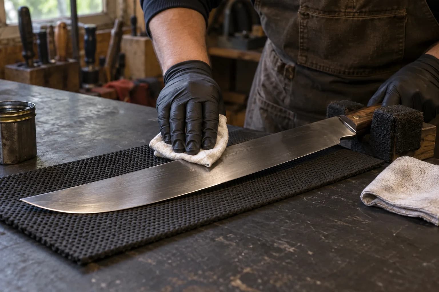 Gloved hand wiping a cloth along a long carbon-steel blade lying on a nonslip mat, handle held in a foam block