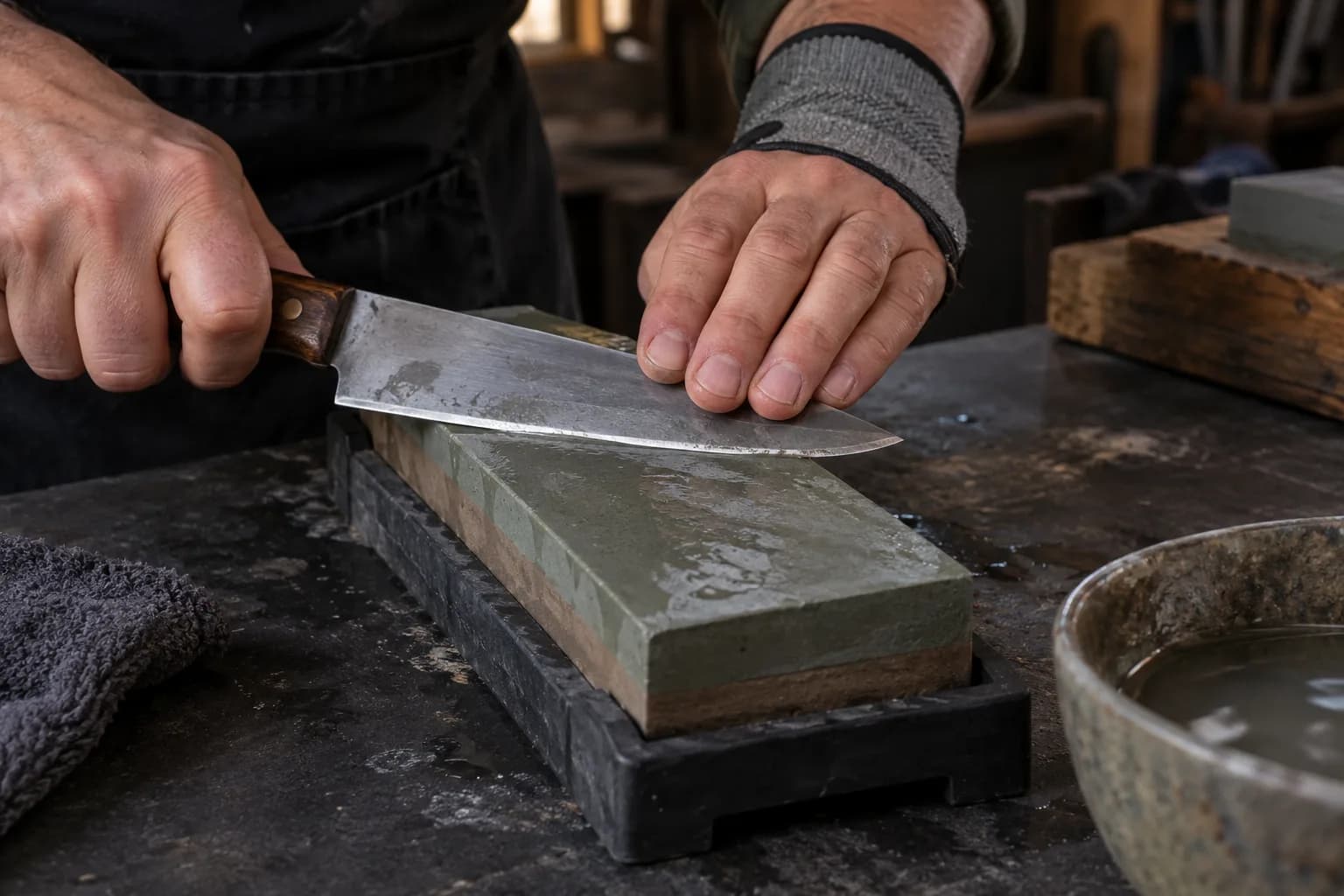 Hands drawing a wood-handled knife across a wet bench stone in a black nonslip holder, water bowl beside it