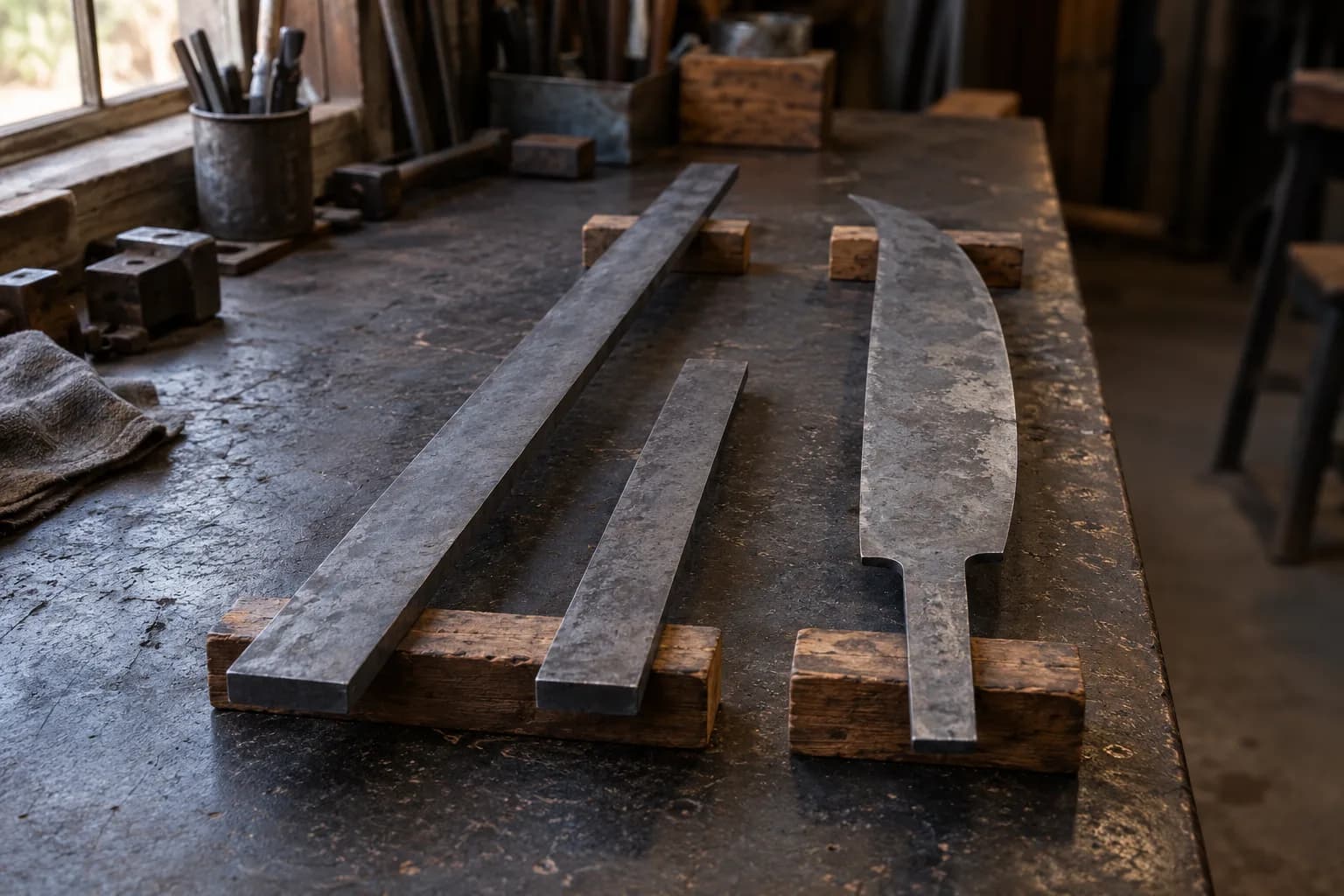 Long and short flat steel bars and a rough curved blade blank resting on timber blocks on a dark workshop bench.
