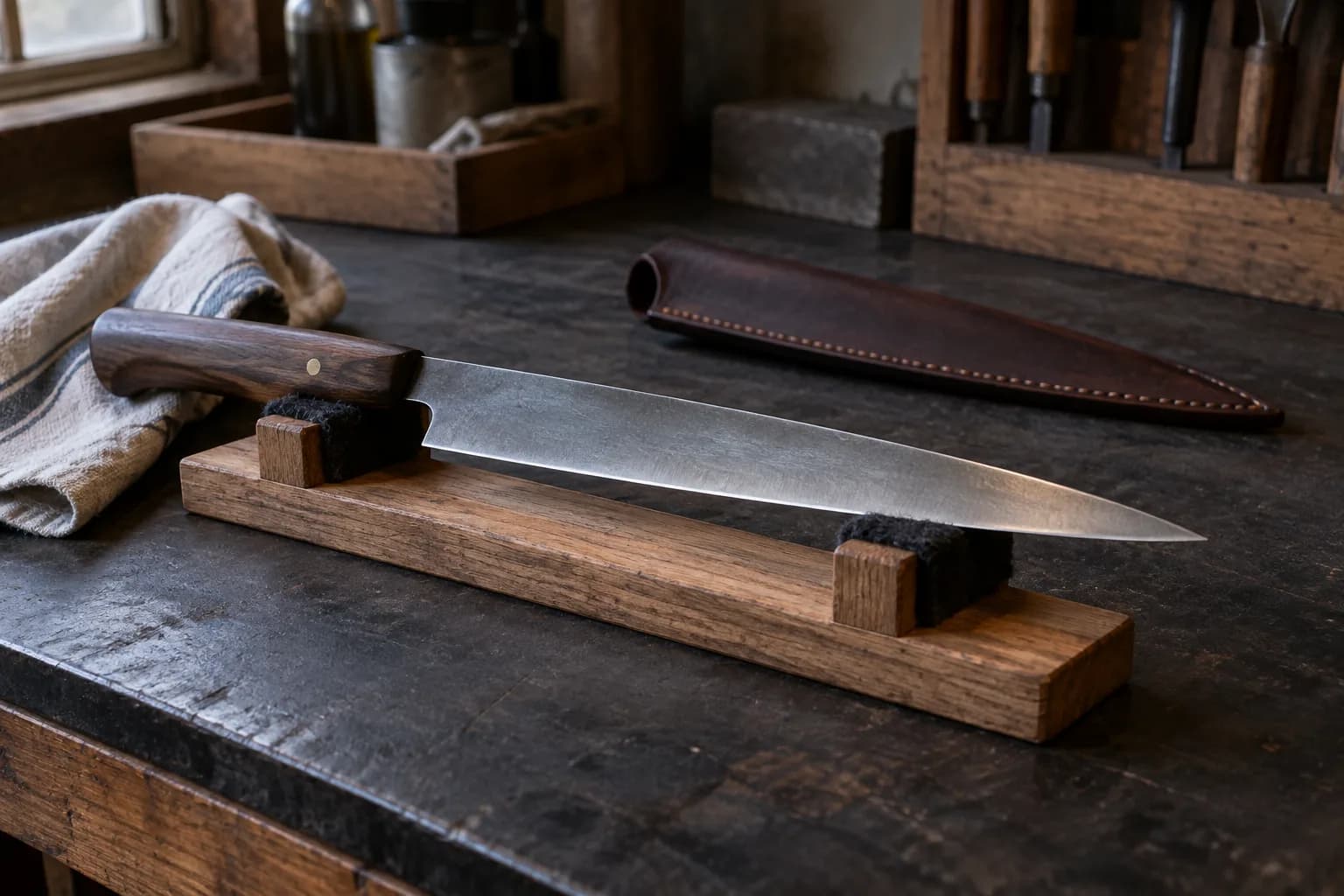 Slender satin-finished slicing knife with a dark wood handle resting on a padded oak rack beside an empty sheath and cloth.