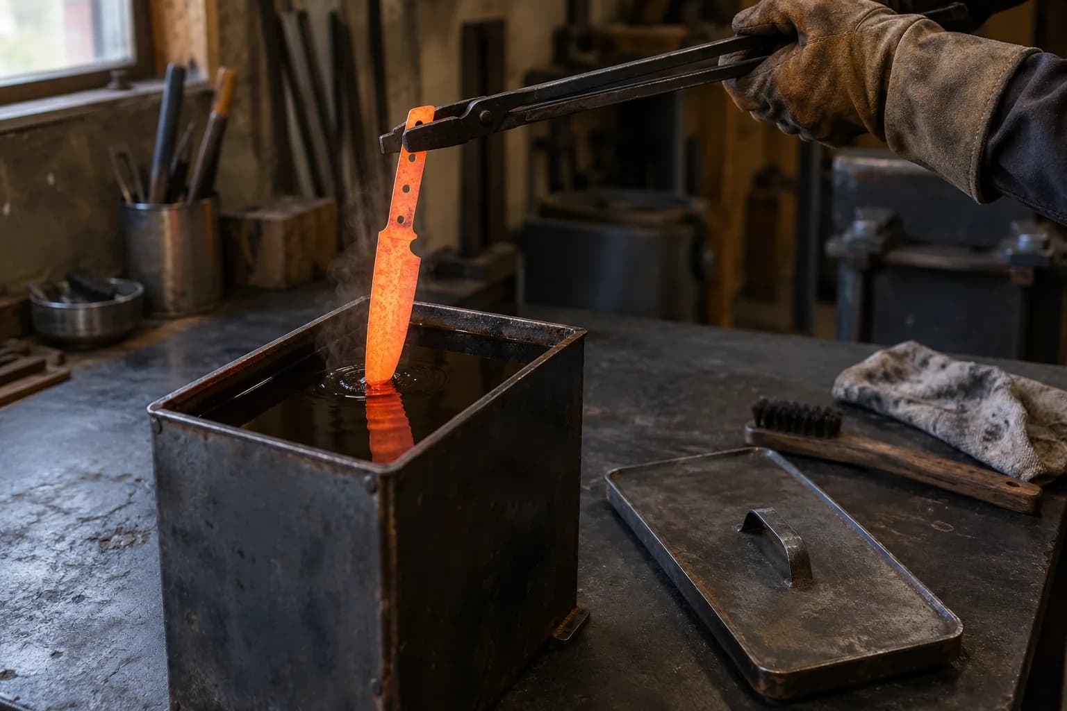 Gloved hand lowers a glowing orange knife blank point-first into an open steel oil tank with light vapor and a lid beside it.