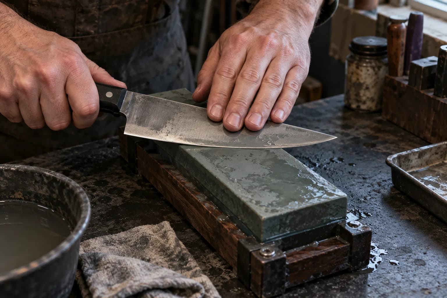 Two hands hold a chef's knife flat on a damp bench stone in a wooden holder, fingertips pressing the blade face.