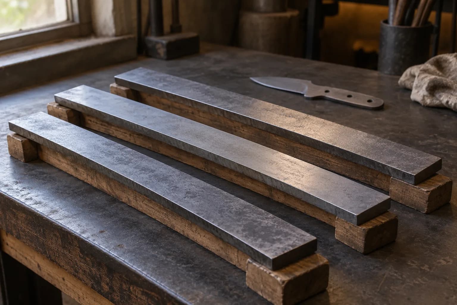 Three plain flat steel bars staggered on timber supports on a dark bench, with a small cold knife blank lying behind them.