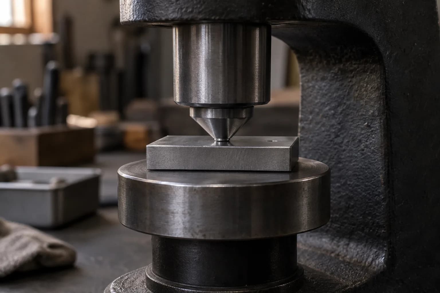 Flat steel test coupon centered on a round anvil beneath the conical indenter of a cast-frame hardness tester.