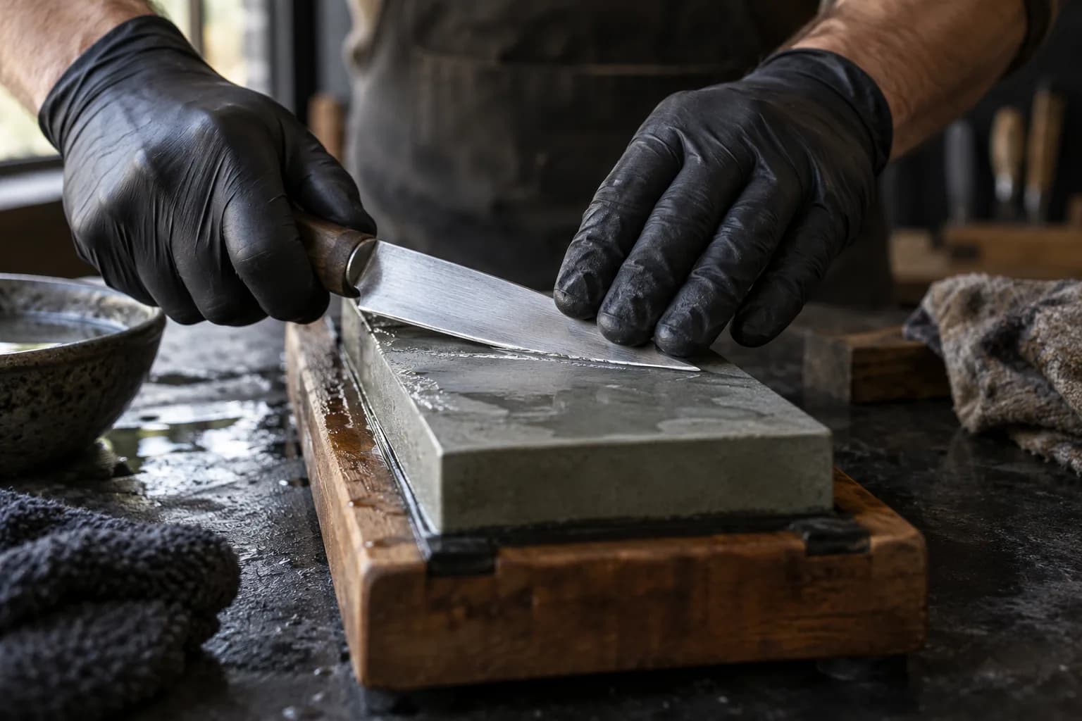 Gloved hands hold a plain stainless knife with its bevel against a wet bench stone in a wooden holder during a light touch-up.