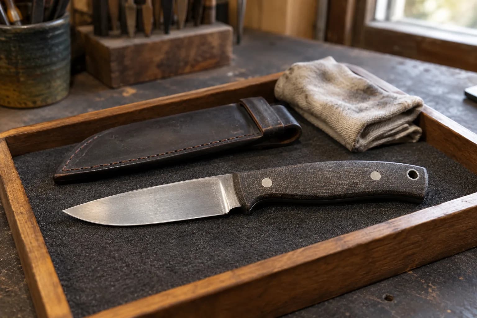 Plain fixed-blade utility knife with a dark textured handle in a dry wooden tray beside a leather sheath and folded cloth.