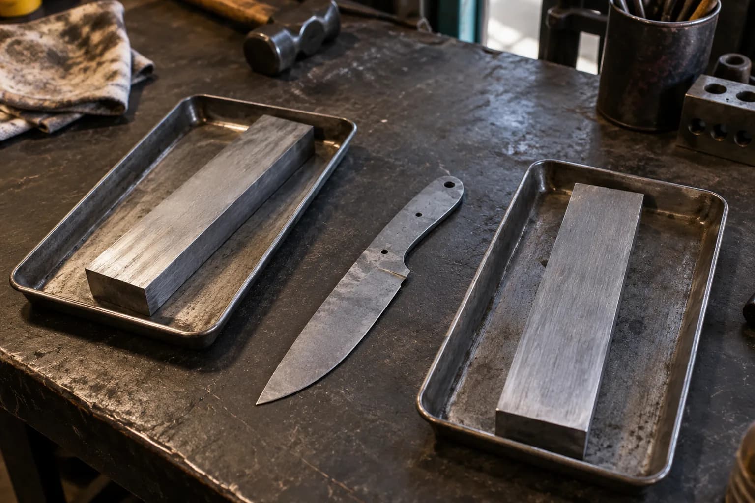 Two plain steel bars in separate metal trays with an unfinished knife blade blank lying between them on a dark bench.