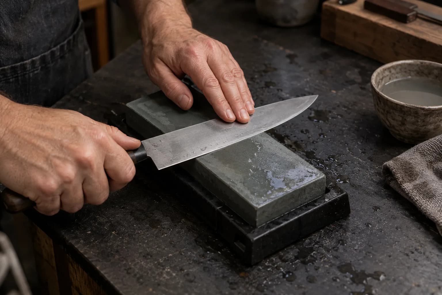 Hands touch up a gray chef's knife on a wet green-gray bench stone in a black holder, with a water bowl nearby.
