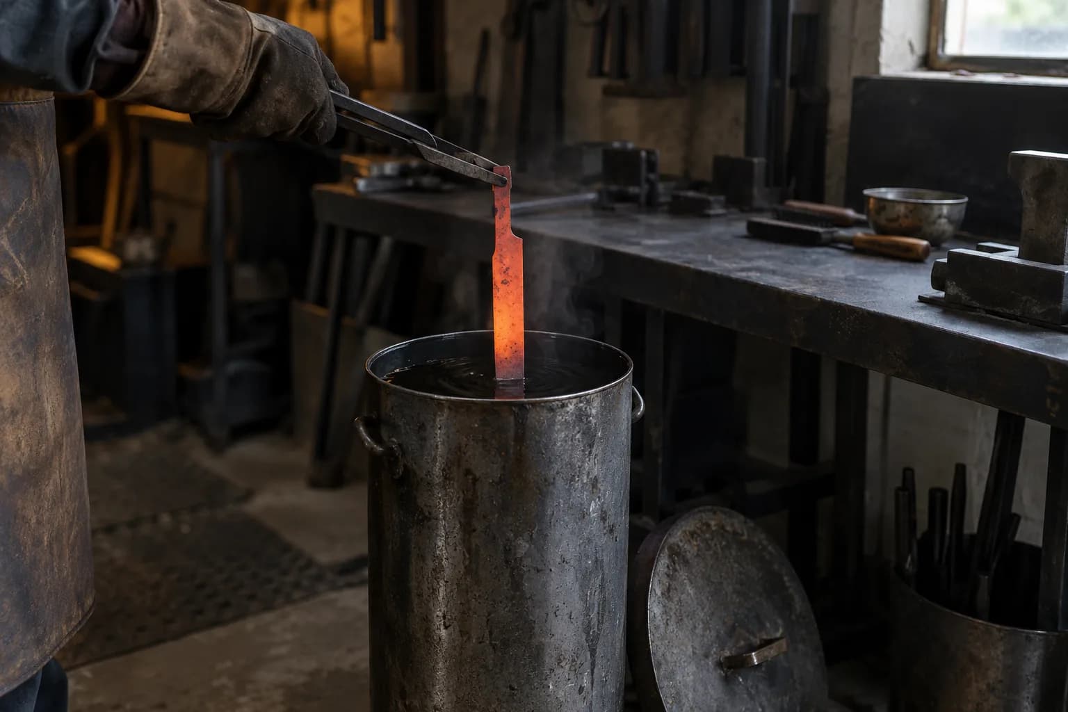 Long tongs lower a glowing orange knife blank point-first into a tall steel oil tank, a lid on the floor beside it.