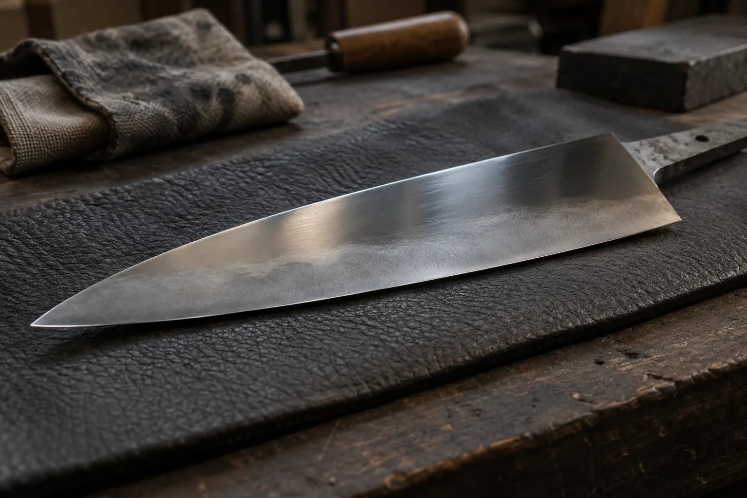 Polished kitchen blade on a dark leather pad with a soft, misty wavy hamon above the cutting edge and a bare tang.
