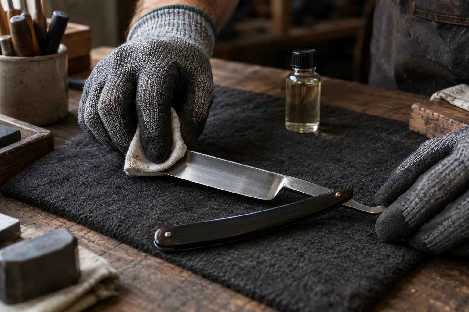 Gloved hand wipes the flat of an open straight razor with a folded cloth on a dark pad, an oil vial standing behind.