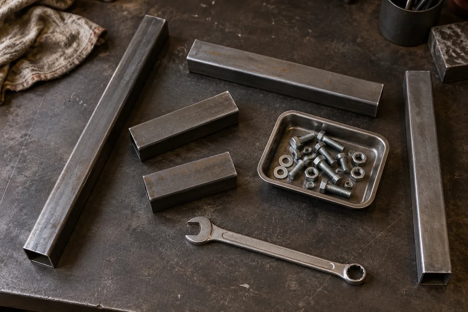 Five lengths of square steel tube, a tray of bolts, nuts and washers, and a wrench laid out on a dark bench.