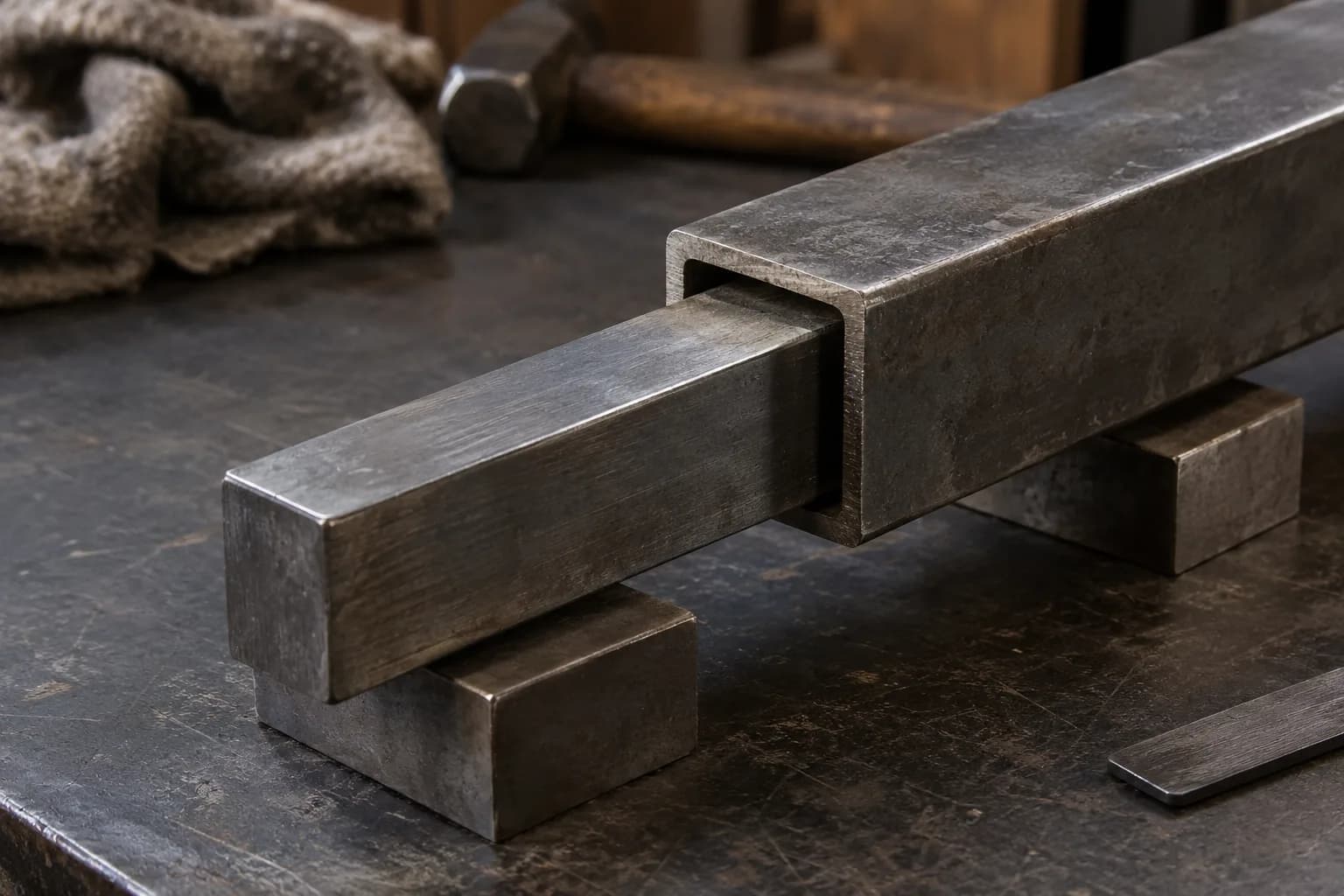 Solid square steel bar sliding into a larger hollow square tube, both propped on steel blocks on a dark workbench.