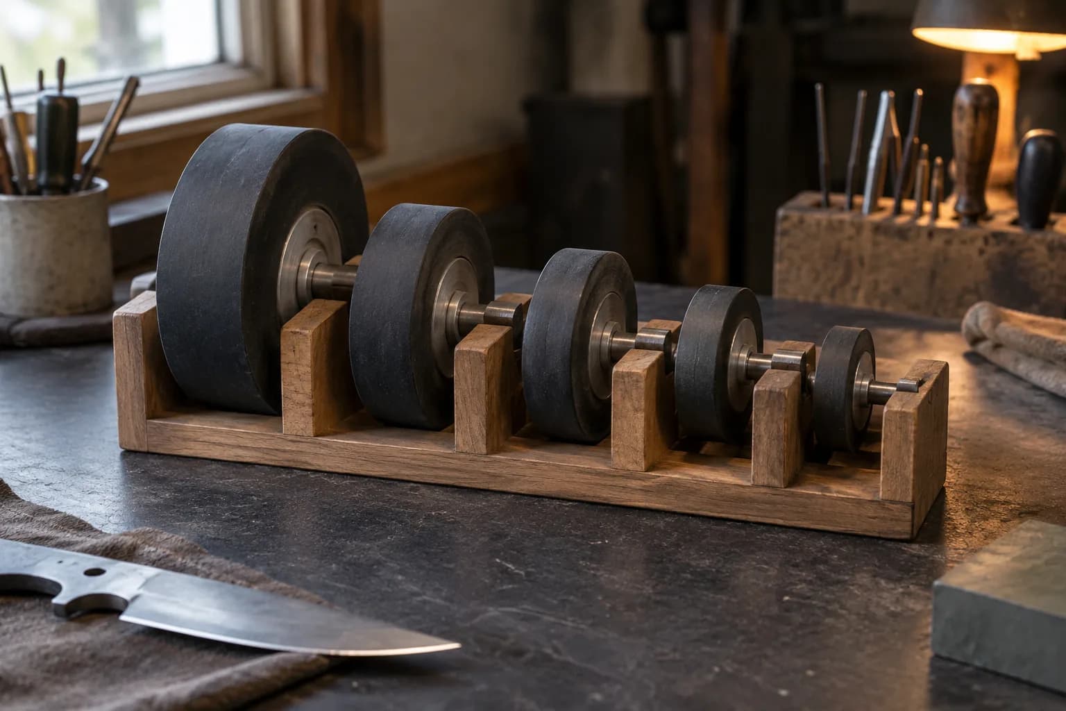 Five rubber-covered wheels of shrinking diameter on shafts in a wooden storage rack, with a knife blank on the bench.