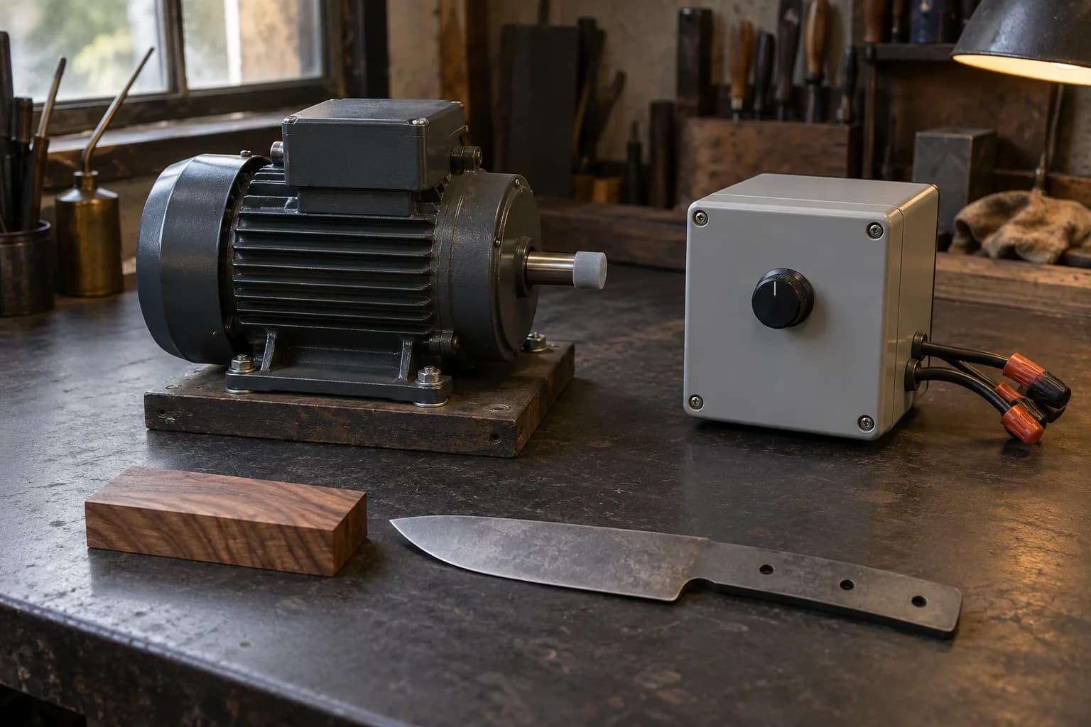 Finned electric motor on a wood base beside a closed grey speed controller, with a walnut block and knife blank in front.