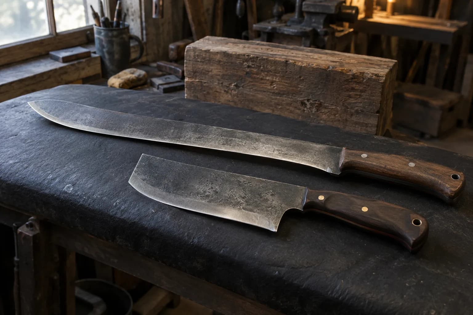 Long machete and shorter, broad camp chopper with dark wood handles lie flat on a dark bench in front of a timber block.