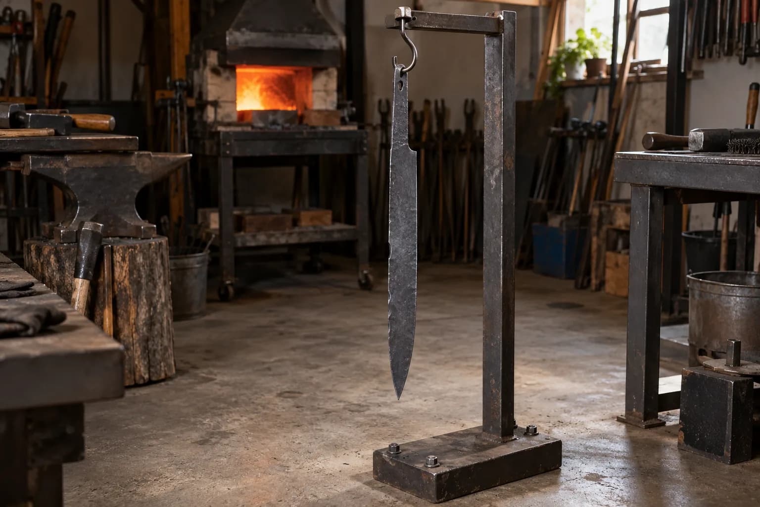 Rough-forged long blade hangs point-down from a hook through its tang hole on a welded steel stand in a forge shop.