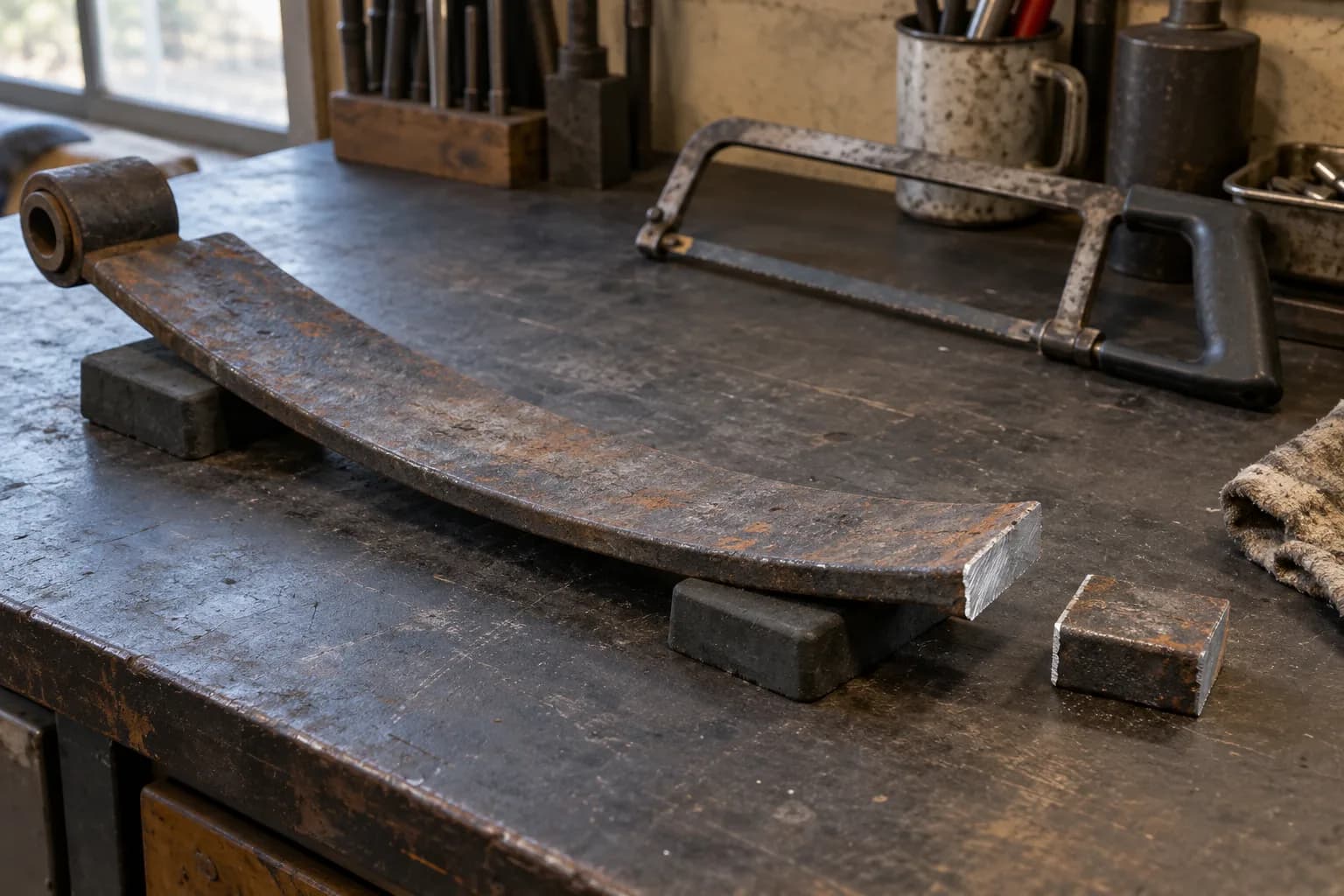 Rusted curved leaf-spring segment with a rolled eye rests on two blocks beside a small cut steel test piece and a hacksaw.